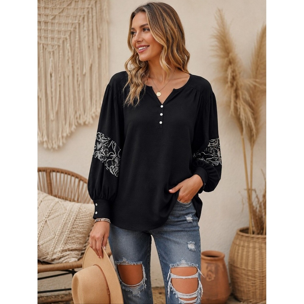Adrienne Vittadini Black Embroidered-Sleeve Henley Peasant Tunic Blouse SX 2X